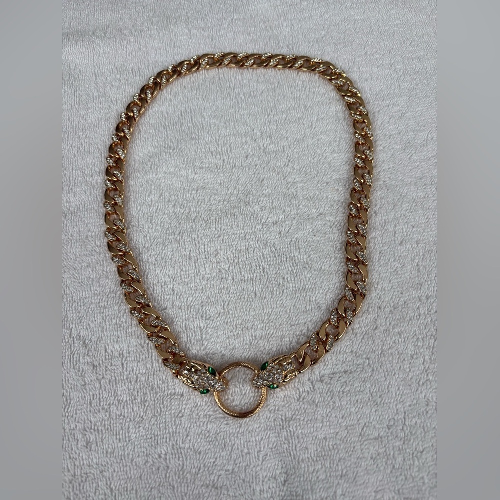 Gold Tone Crystal Snake Panther Head Necklace Green Eyes Statement Chain - Picture 6 of 9